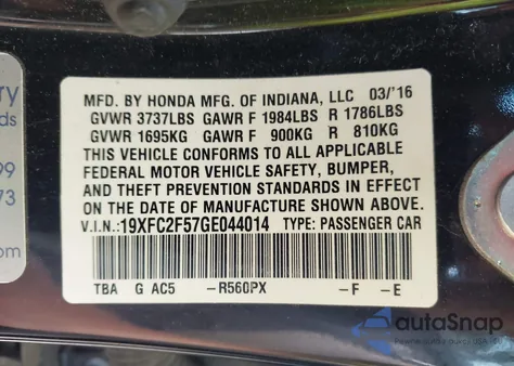 2016 Honda Civic Lx z USA, uszkodzony, nr VIN 19XFC2F57GE044014